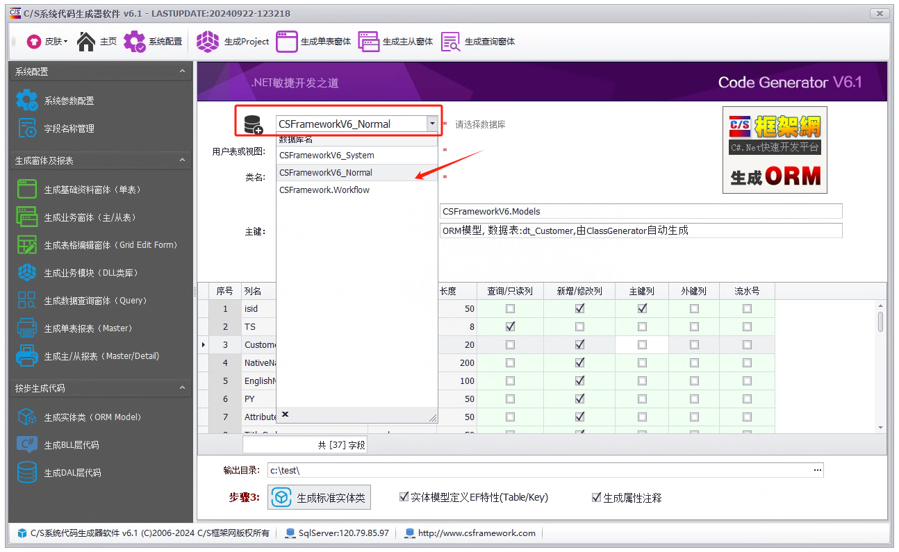 CSFramework.CodeGeneratorV6.0-生成实体类ORM