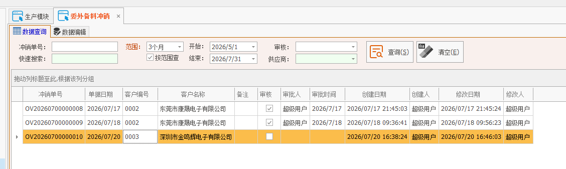 线联ERP - 用户操作手册 - 委外备料冲销单