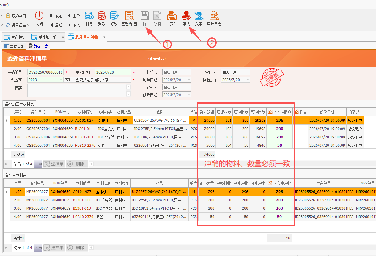 线联ERP - 用户操作手册 - 委外备料冲销单