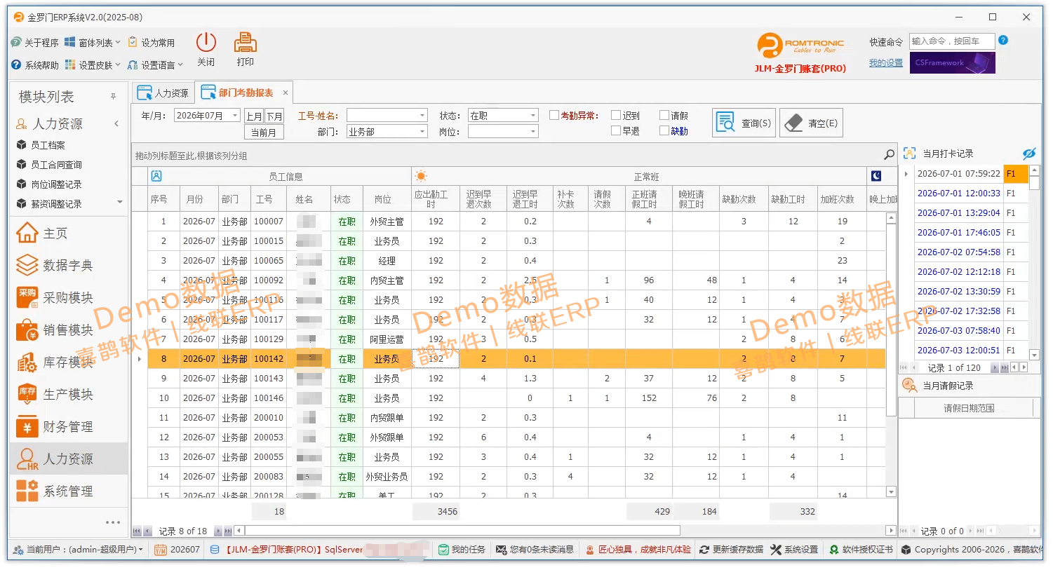 线联ERP - 用户操作手册 - 部门考勤报表